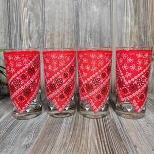 Set of 4 Vintage Bandana Highball Tumblers, Cera Glass Drinking Glasses